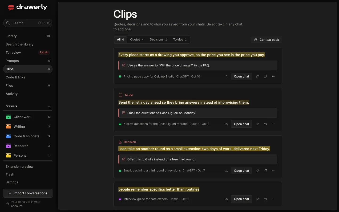 The Clips page of drawerly, with quotes, decisions and to-dos, their notes and the chats they came from.