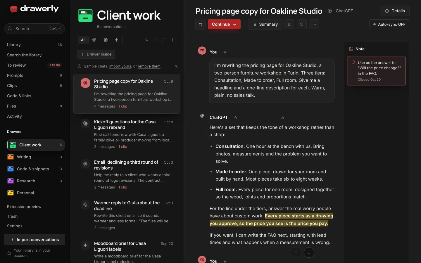 The drawerly library: drawers in the sidebar, the chats of the Client work drawer in a list, and a conversation open on the right.