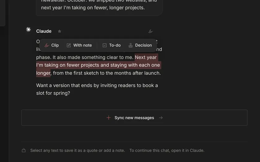 Text of an answer selected, with the toolbar offering Clip, With note, To-do and Decision.