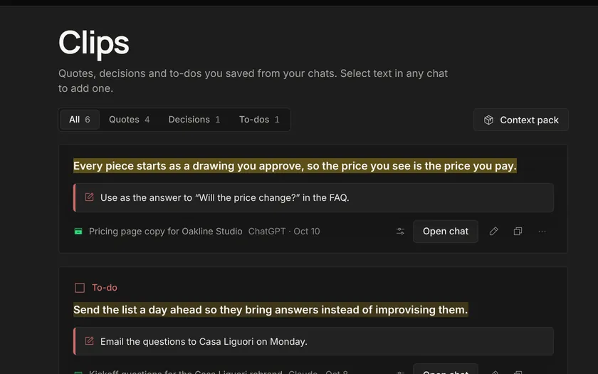 The Clips page: a quote with its note, the chat it came from and Open chat.